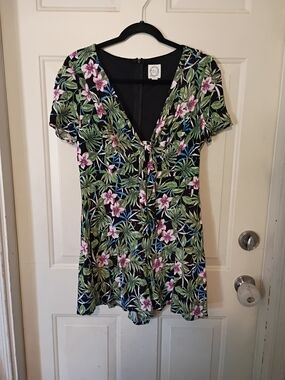 Blue Rain Tropical Print Zipper Back Cutout Design Mid Chest Romper Size Large